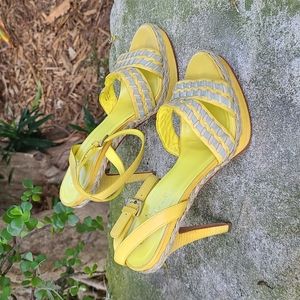 Cole Haan yellow leather 4" heeled sandal. Sz 6.5. Gently worn condition